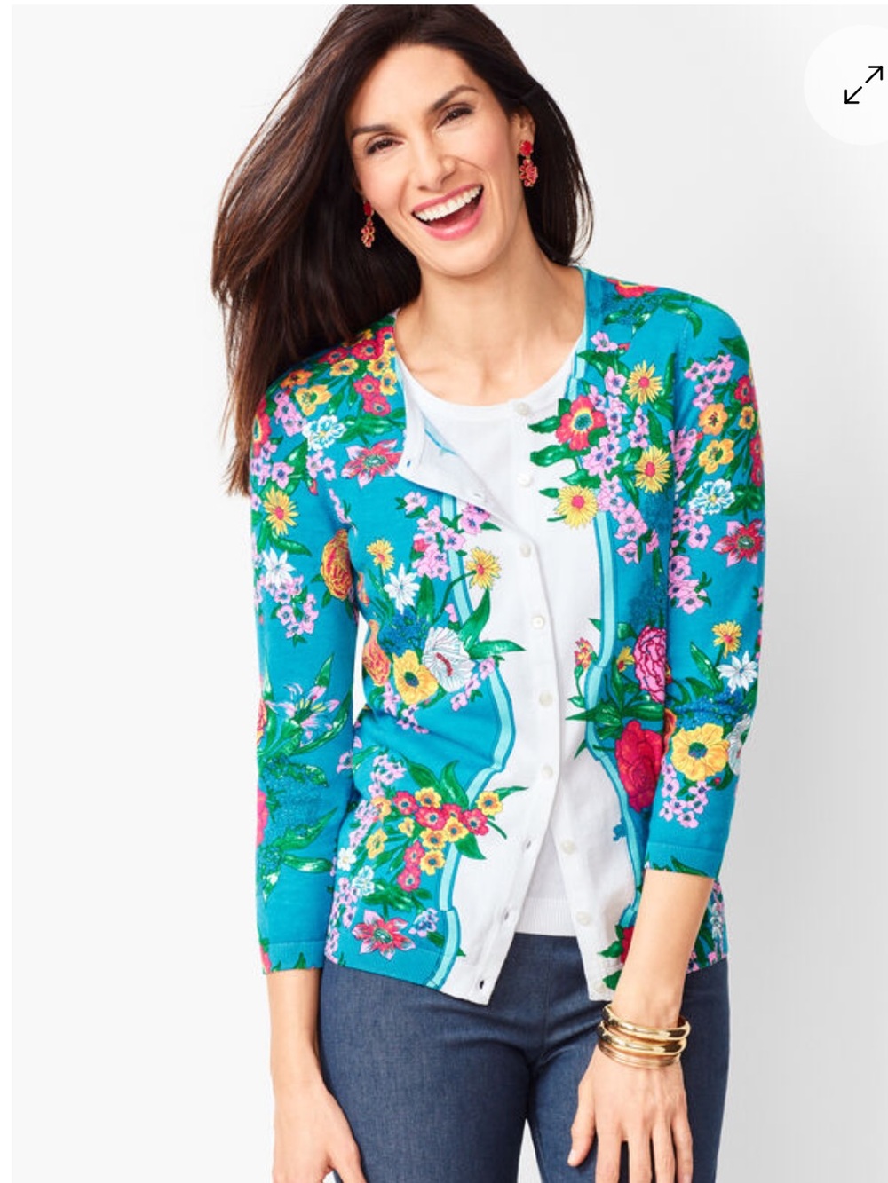 Talbots Blossoms Charming Cardigan Turquoise Floral Knit Sweater Cotton Blend XS